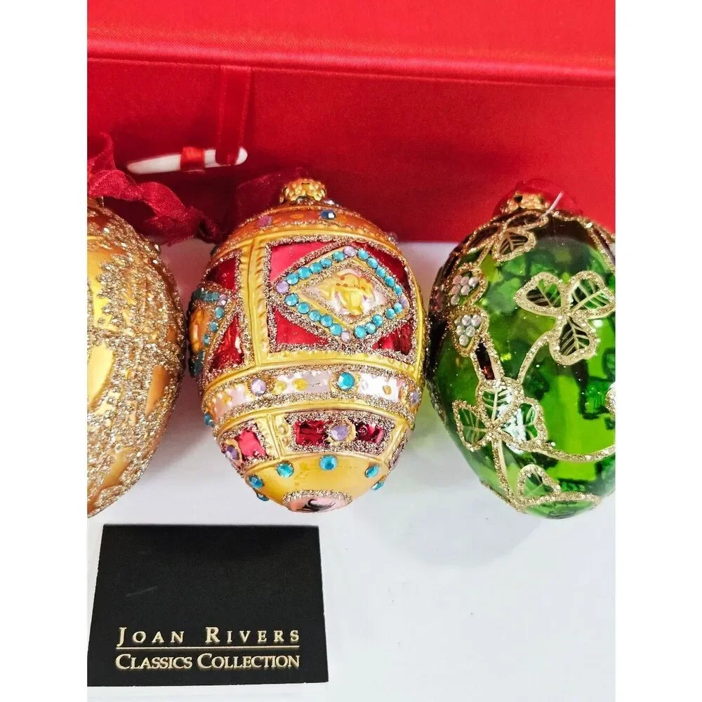 Vintage Joan Rivers Colorful Russian Faberge Style Blown Glass Egg Ornament Set